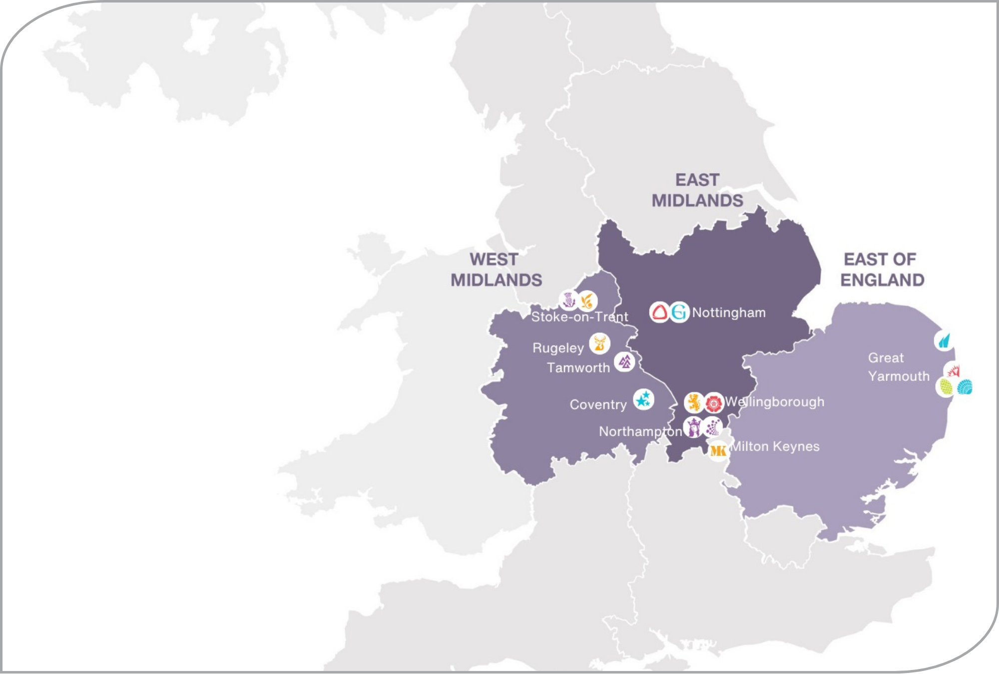 Map of England showing location of CET schools in each region