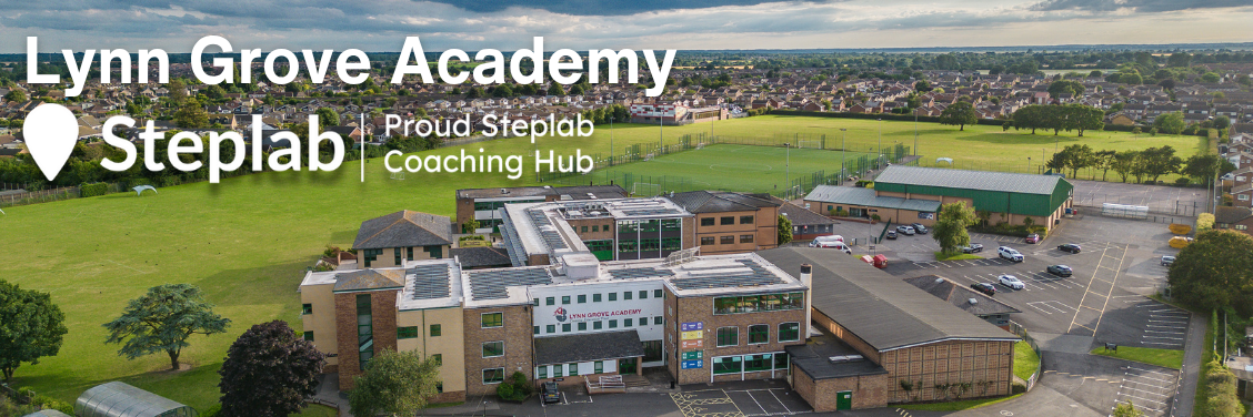 Banner image of Lynn Grove school seen from above with the Steplab coaching hub logo superimposed