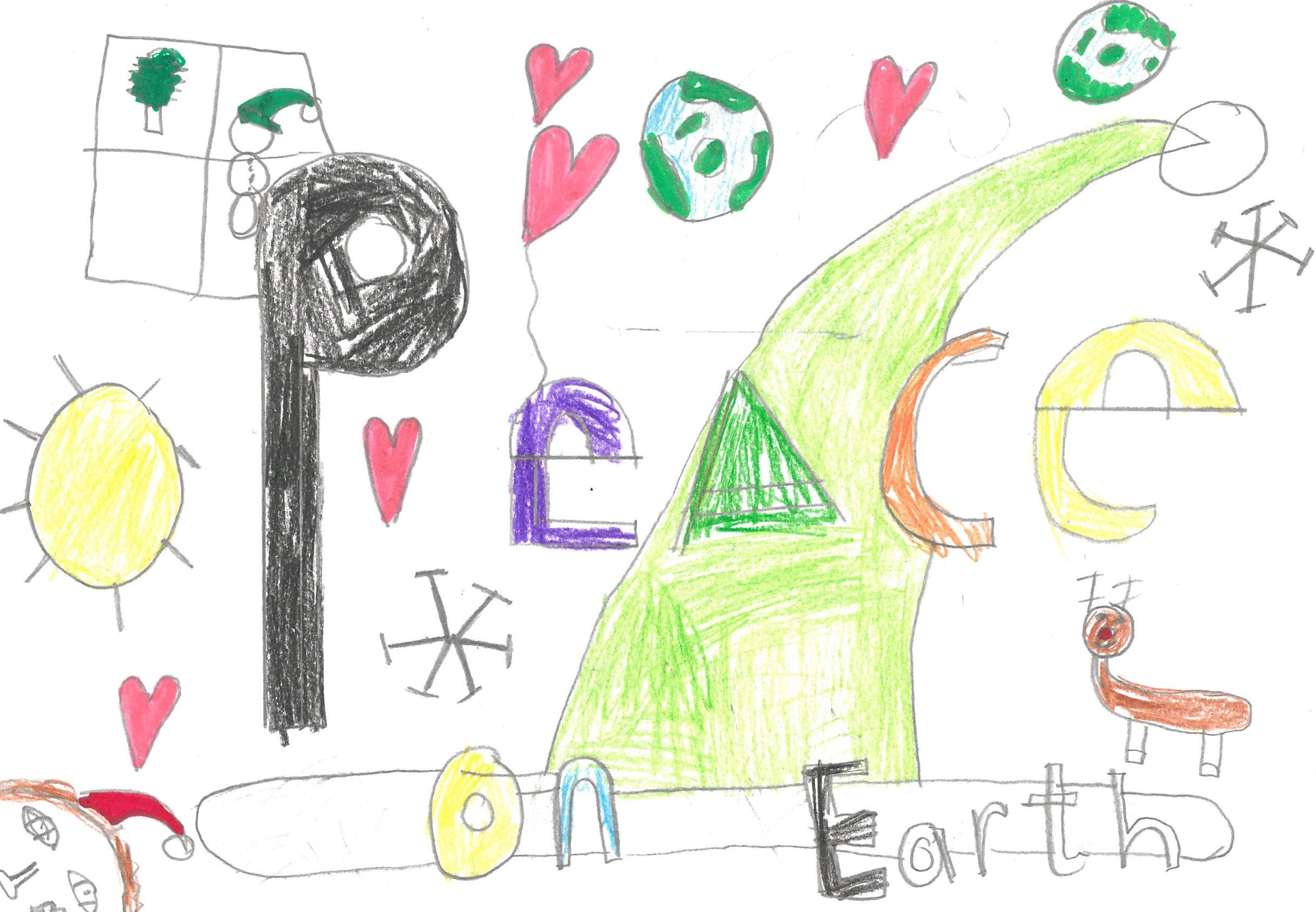 A brightly coloured drawing featuring hearts and Christmas symbos and the words Peace on Earth in large fun letters.